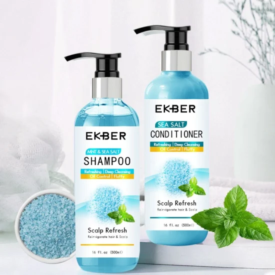 Set di shampoo e balsamo organico personalizzato con etichetta privata OEM alla menta al sale marino all'ingrosso Set shampoo al sale marino per il controllo dell'olio per la cura dei capelli